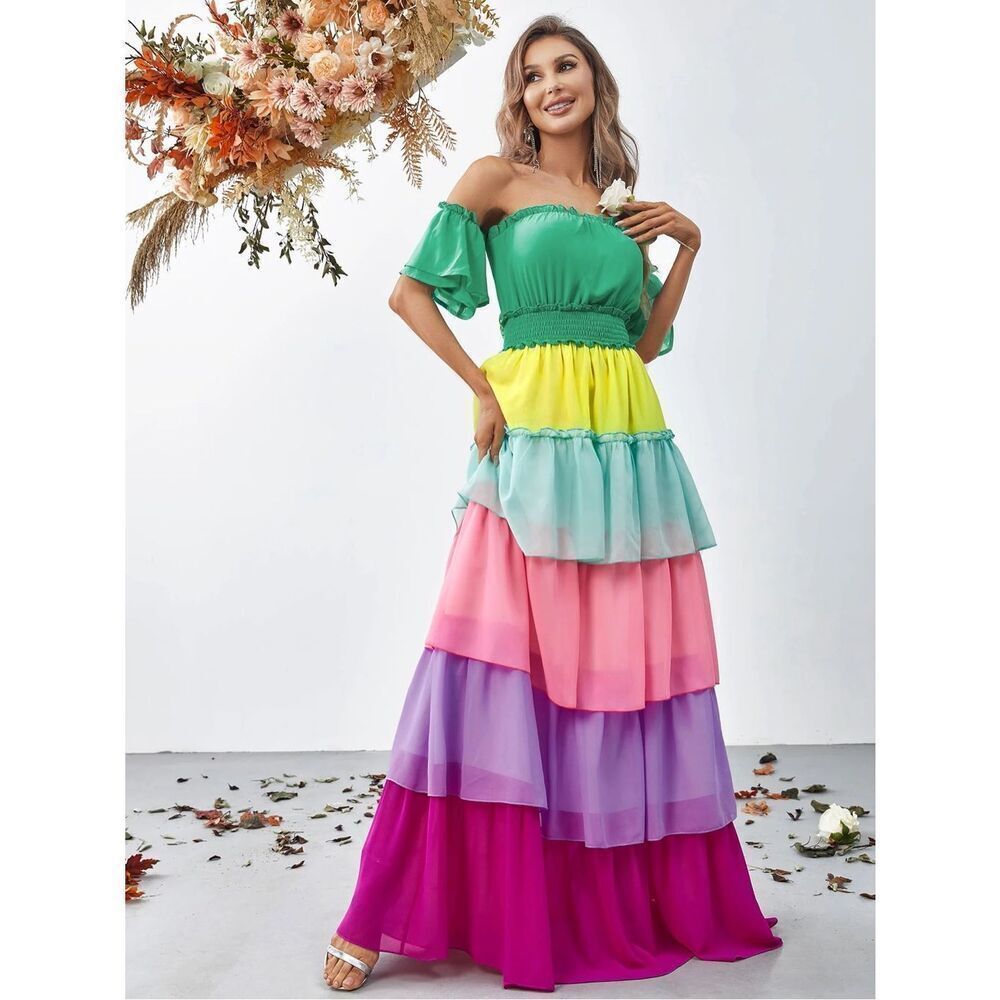 Faeriesty Maxi Dress Womens 3XL Rainbow Color Block Chiffon Layered Ruffle